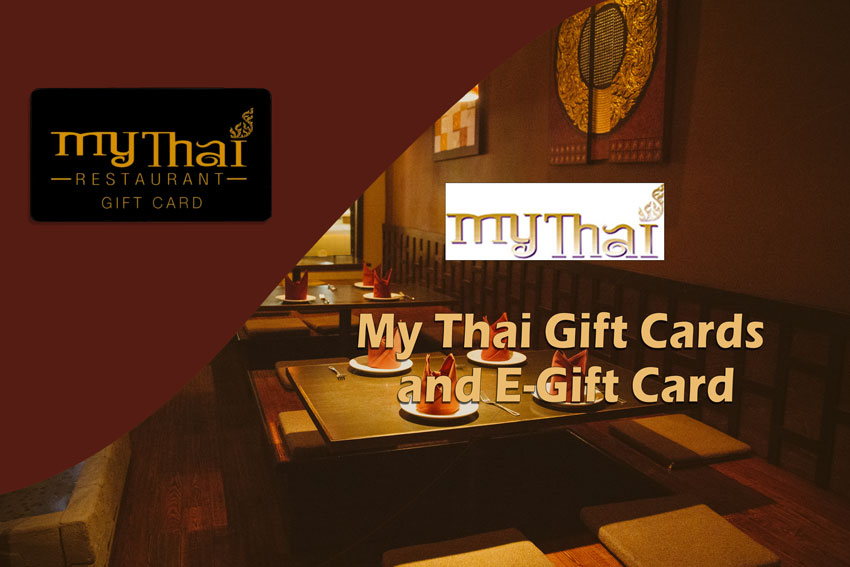 My Thai Gift Cards and E-Gift Cards - My Thai Restaurant interiors, gift card, logo and texts.