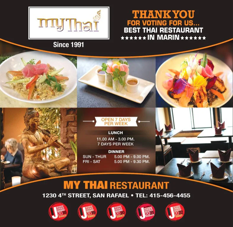 My Thai Restaurant - Best Thai Restaurant in Marin for 6 Years - MIJ Magazine - Images from My Thai San Rafael, badges, logo and texts. 