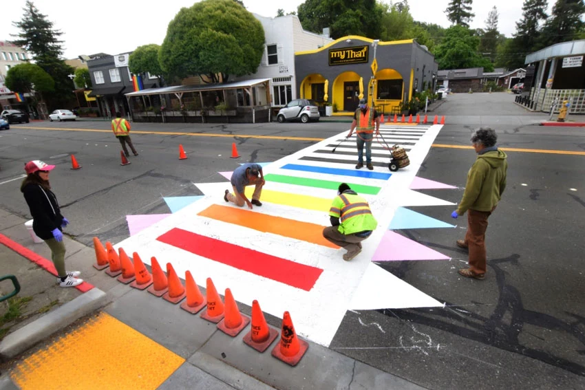My Thai Fairfax is Just Over the Rainbow - Crosswalk - People painting a crosswalk in front of My Thai 